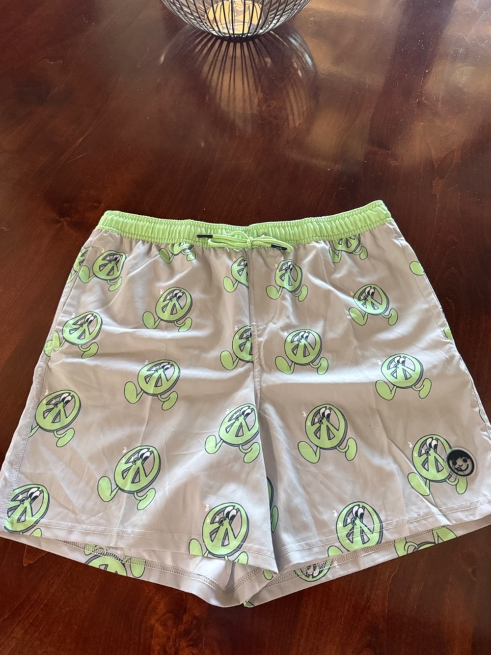 Neff Men's Light Gray Swim Trunks with Lime Green Peace Sign Print